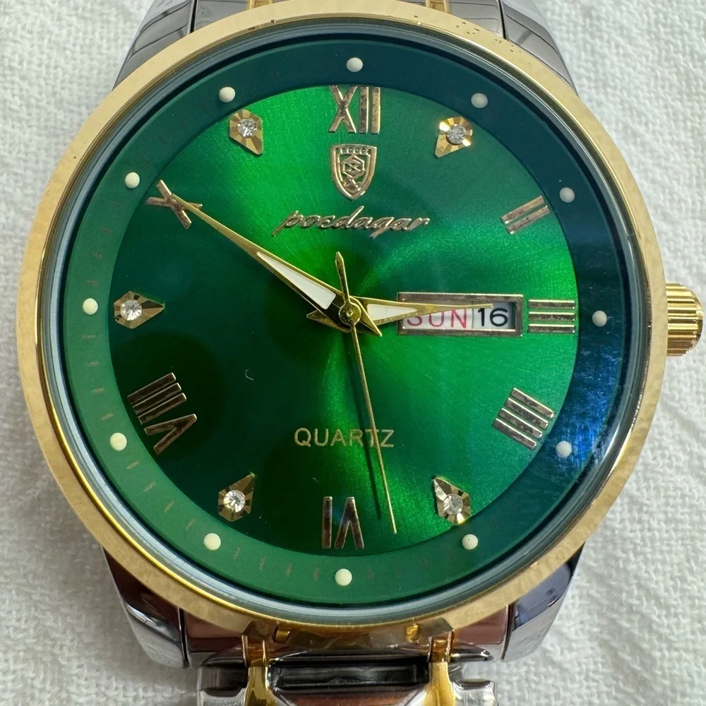 POEDAGAR Men's Watch Date Week Waterproof Luminous Quartz Stainless Steel Green
